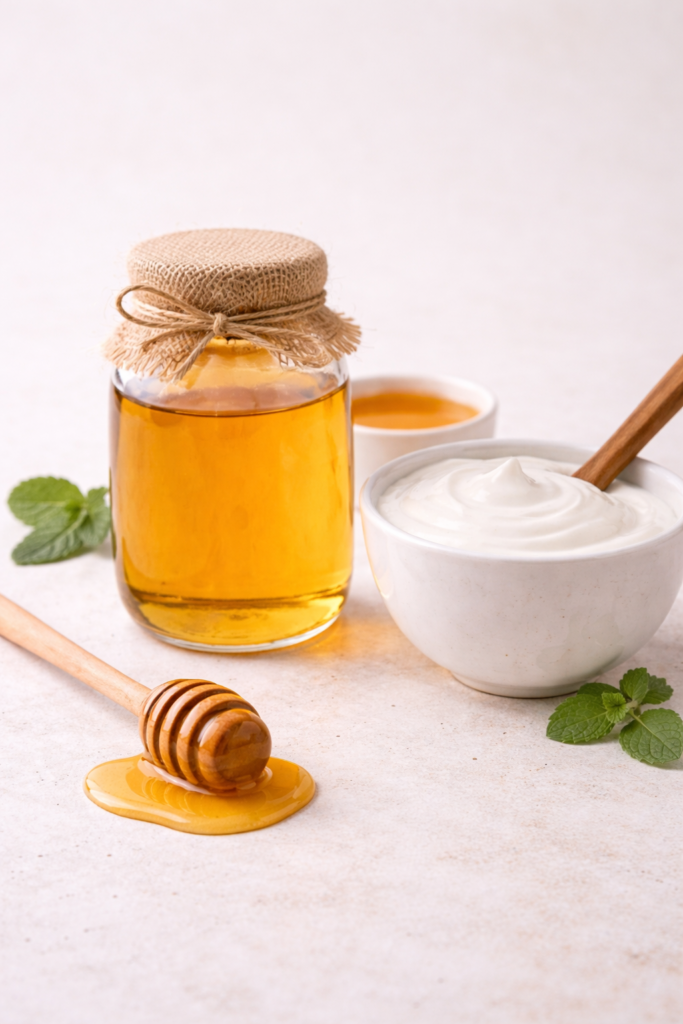 Tarro de miel natural junto a un cuenco de yogur cremoso con aplicador de madera sobre fondo neutro, ingredientes caseros para tratar manchas en la piel