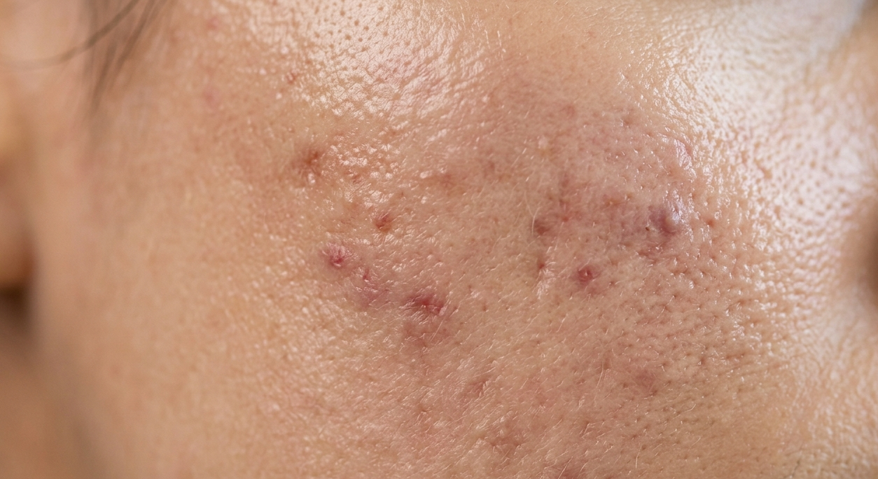 Primer plano de hiperpigmentación post-inflamatoria por acné en piel joven