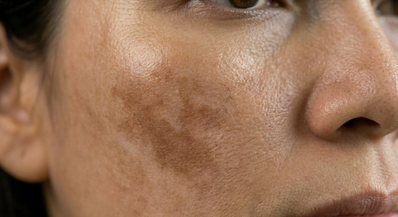 Imagen macro de melasma facial con manchas oscuras en la mejilla