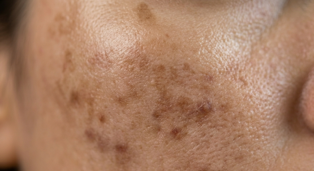 Detalle de léntigo solar y manchas por el sol en la piel de la cara