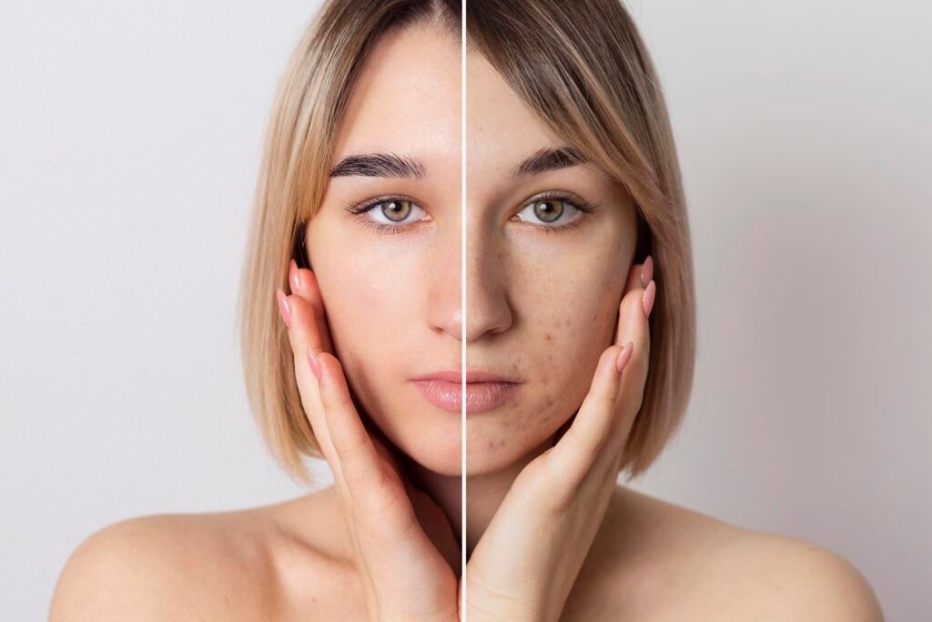 Antes y después de mujer con marcas faciales