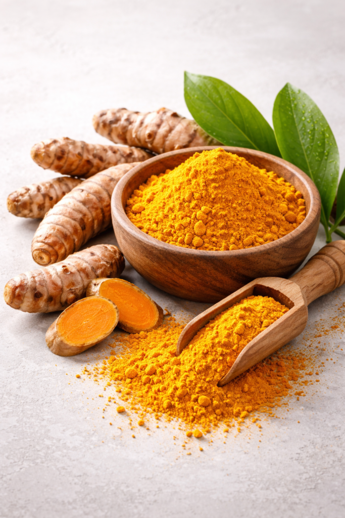 Cúrcuma natural en polvo y raíz fresca usada para tratar manchas faciales